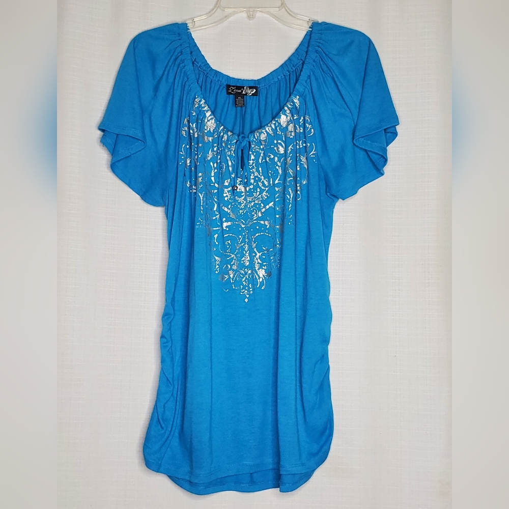Lena Blue Short Sleeve Ruched Blouse with Silver Foil Design